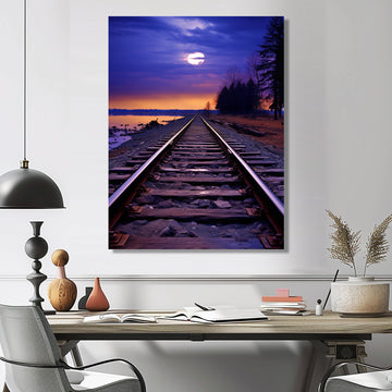 Purple Train Tracks To The Full Moon - Train Canvas Wall Art